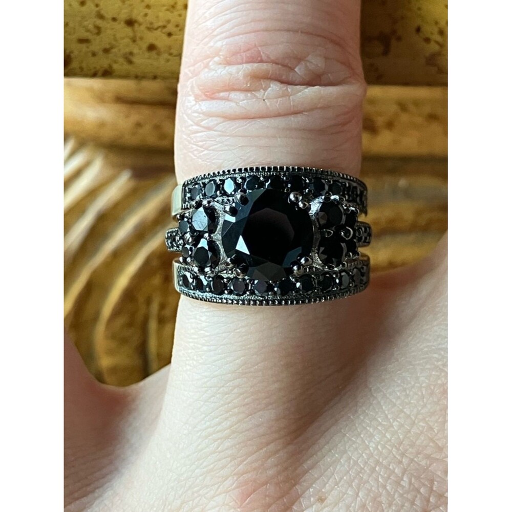 Natural Black Spinel Sterling Silver Ring Set Size 6